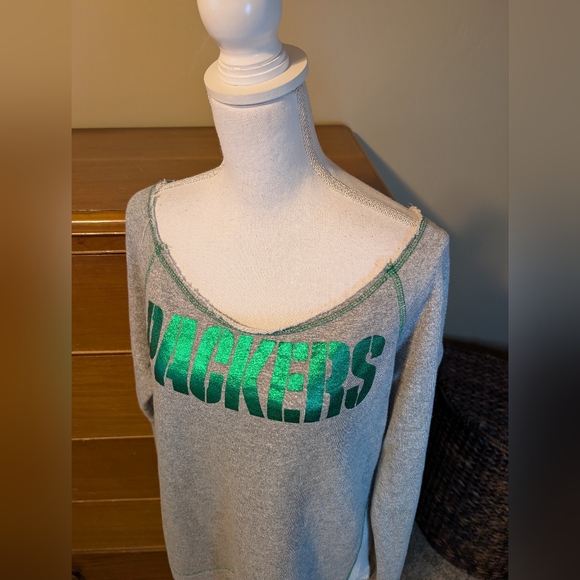 GREEN BAY PACKER Wms Metallic Green Logo Sweatshirt Raw Edges XL - Picture 2 of 13